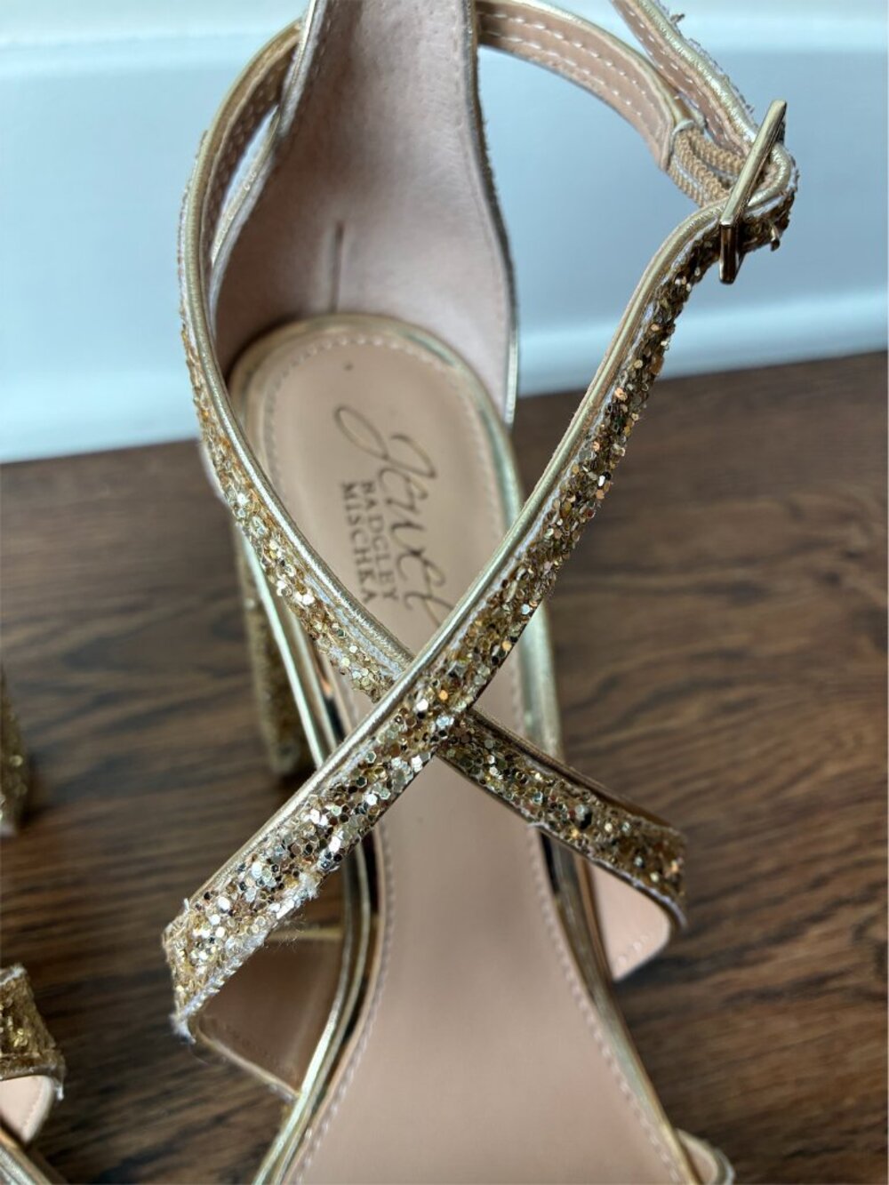 Jewel Badgley Mischka Cook Metallic Glitter Strappy Peep Toe Block Heel-Size 7.5 - Picture 6 of 8